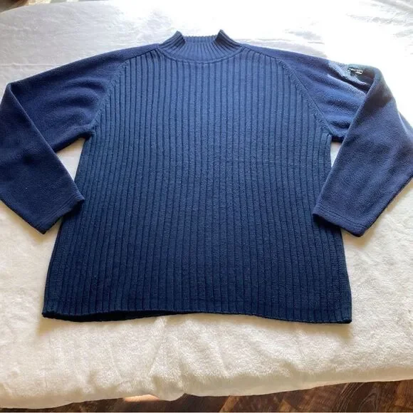 Bruebeck Dark Blue Rib Knit Fleece Sleeves Pullover Mock Turtleneck Sweater